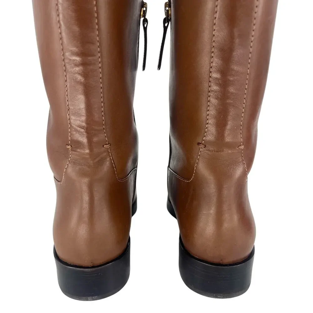 Tory Burch Riding‎ Logo Embossed Leather Knee High Boots Brown 10.5